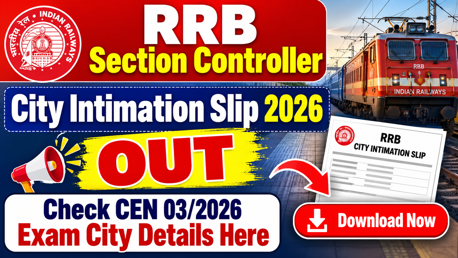RRB Section Controller City Intimation Slip 2026 OUT, Check Exam City Details, CEN 03/2026