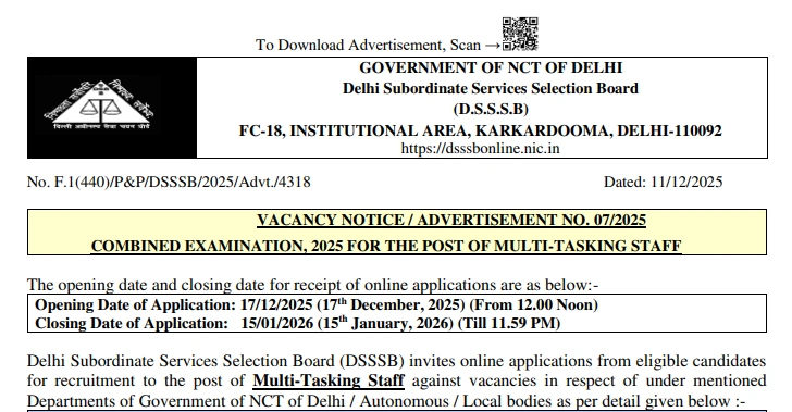 DSSSB MTS Recruitment Notification 2025